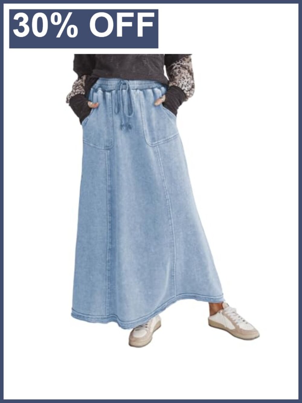 High Waist Acid Wash Maxi Skirt with Pockets